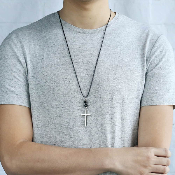 Cross Pendant Leather Necklace 32inch Pendant Necklace Natural Lava Bead Necklace for Mens Boys Black Jewelry Gifts - Vimost Shop