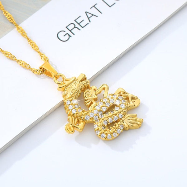 Crystal Dragon Pendant Necklace Women Gold Chain CZ Zircon Dragon Pendant Jewelry Mascot Ornaments Lucky Talisman Couple Gifts - Vimost Shop