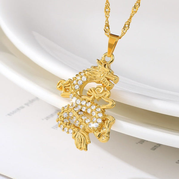 Crystal Dragon Pendant Necklace Women Gold Chain CZ Zircon Dragon Pendant Jewelry Mascot Ornaments Lucky Talisman Couple Gifts - Vimost Shop