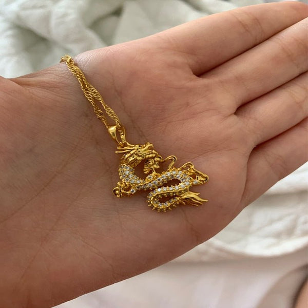 Crystal Dragon Pendant Necklace Women Gold Chain CZ Zircon Dragon Pendant Jewelry Mascot Ornaments Lucky Talisman Couple Gifts - Vimost Shop