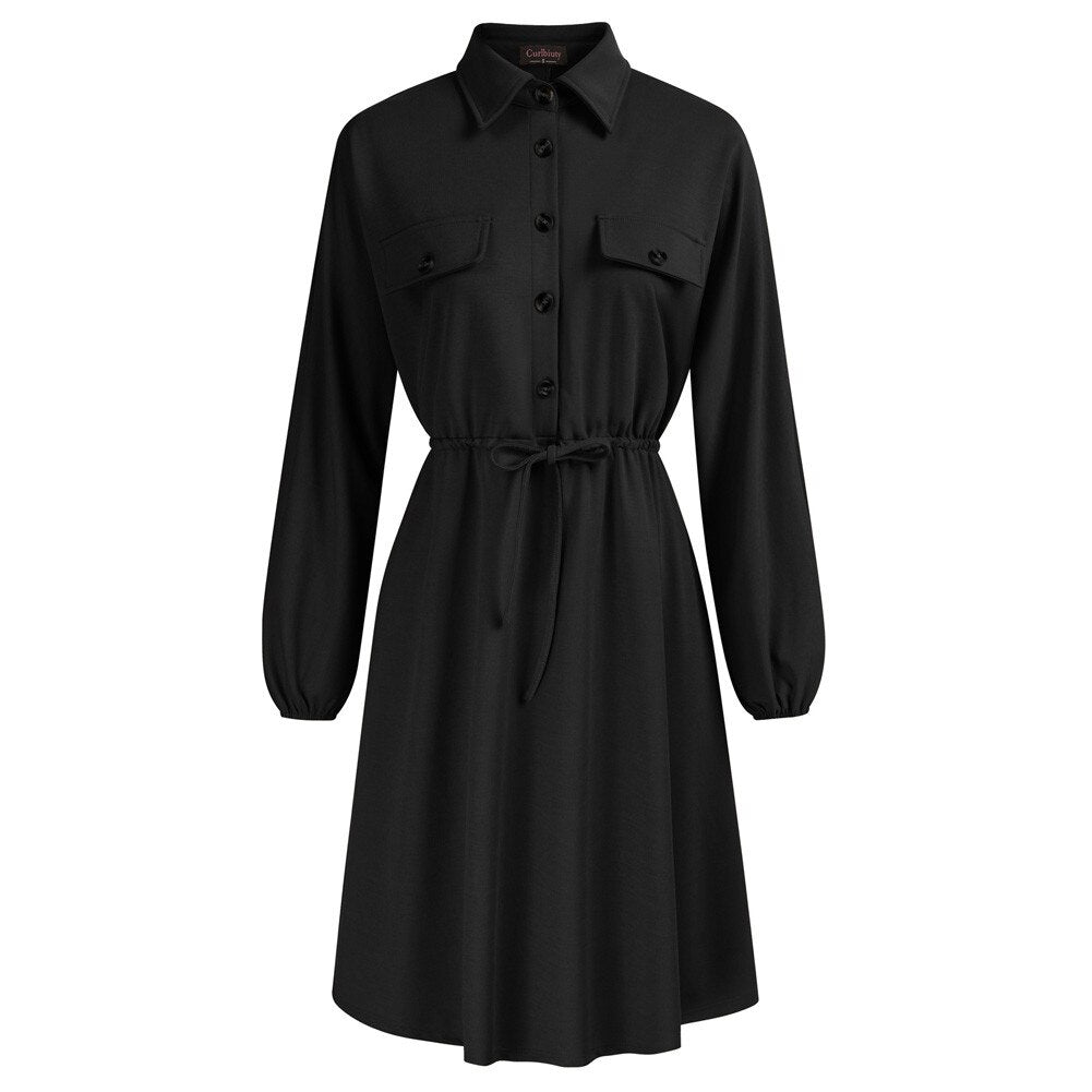 Curlbiuty Women Drawstring Waist Dress Long Sleeve Lapel Collar A-Line With Elastic Openings Dress Functional Silhouette - Vimost Shop