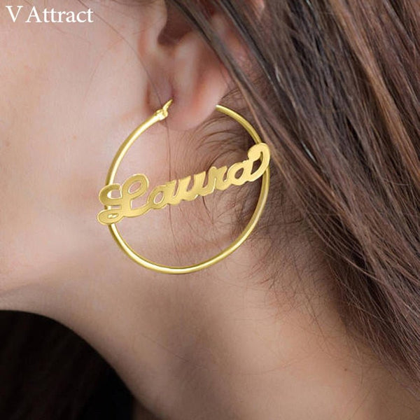 Custom Jewelry Personalized Name Large Earrings For Women Hiphop Brincos Stainless Steel Big Circle Round Bijoux Aros - Vimost Shop