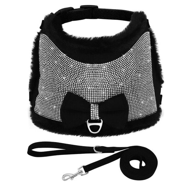 Cute Bowtie Dog Harness and Leash Set Bling Rhinestone Puppy Cat Vest Harness Warm Fur Padded Vests With Pet Walking Leash Rope - Vimost Shop