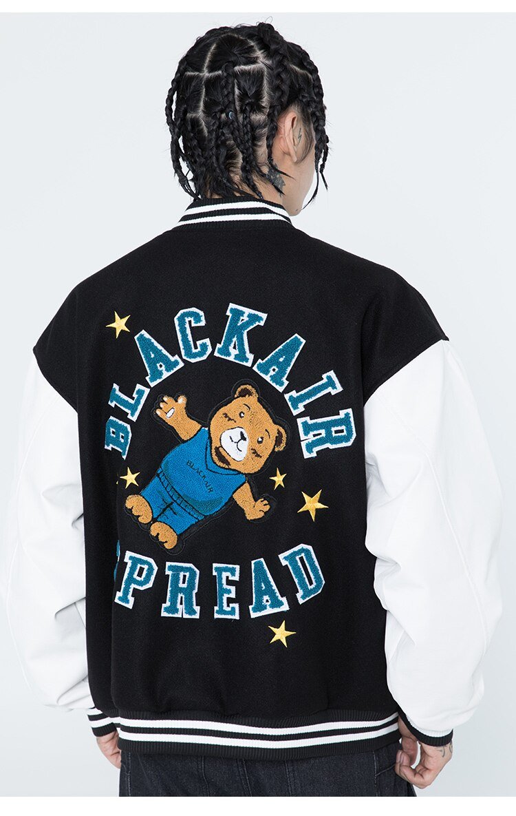 Cute Furry Bear Letter Patch Patchwork Color Baseball Jacket Men Oversize Cozy Fashion College Style Bomber Coat Autumn - Vimost Shop