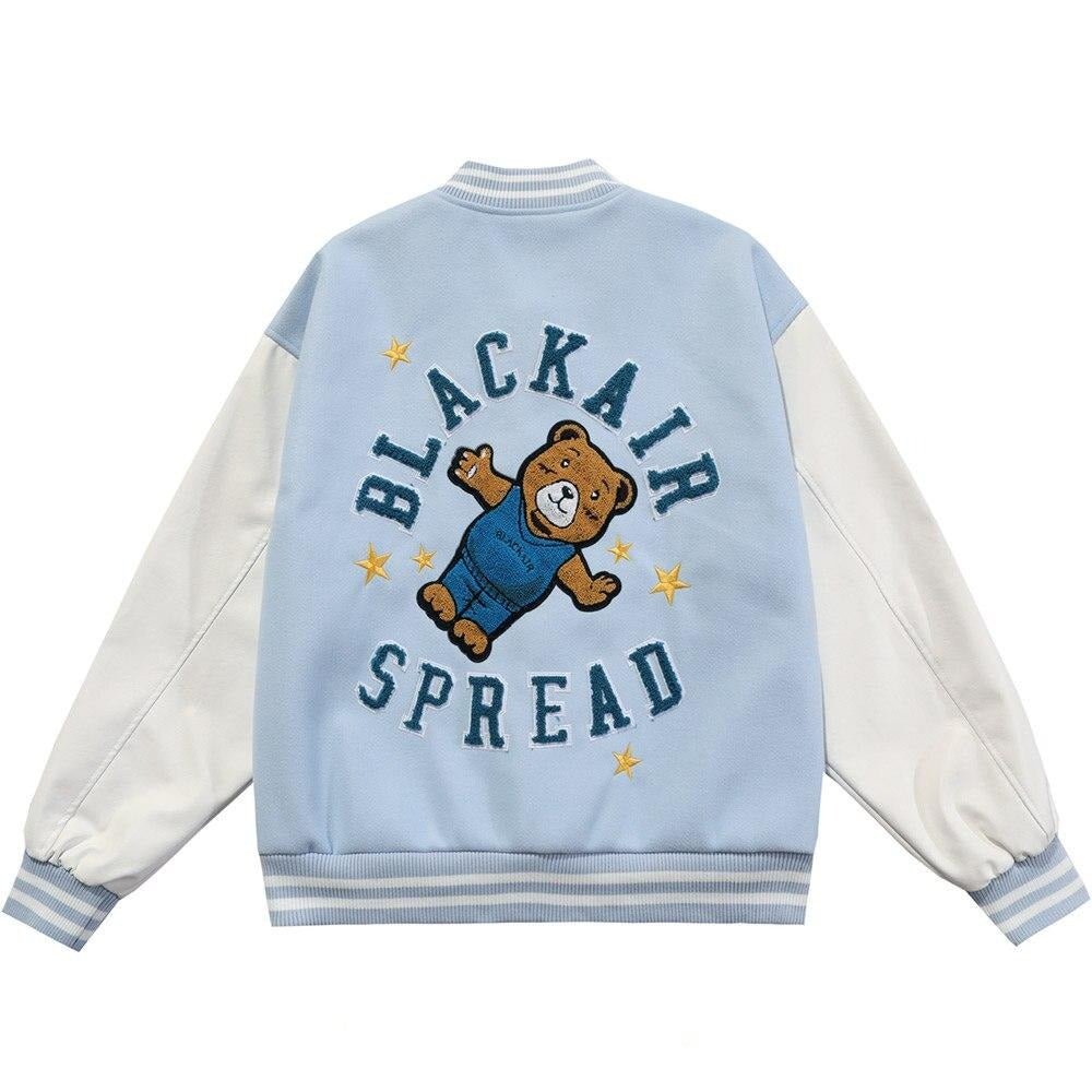 Cute Furry Bear Letter Patch Patchwork Color Baseball Jacket Men Oversize Cozy Fashion College Style Bomber Coat Autumn - Vimost Shop