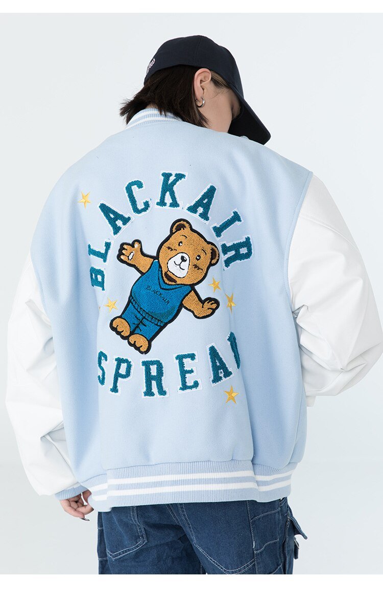 Cute Furry Bear Letter Patch Patchwork Color Baseball Jacket Men Oversize Cozy Fashion College Style Bomber Coat Autumn - Vimost Shop