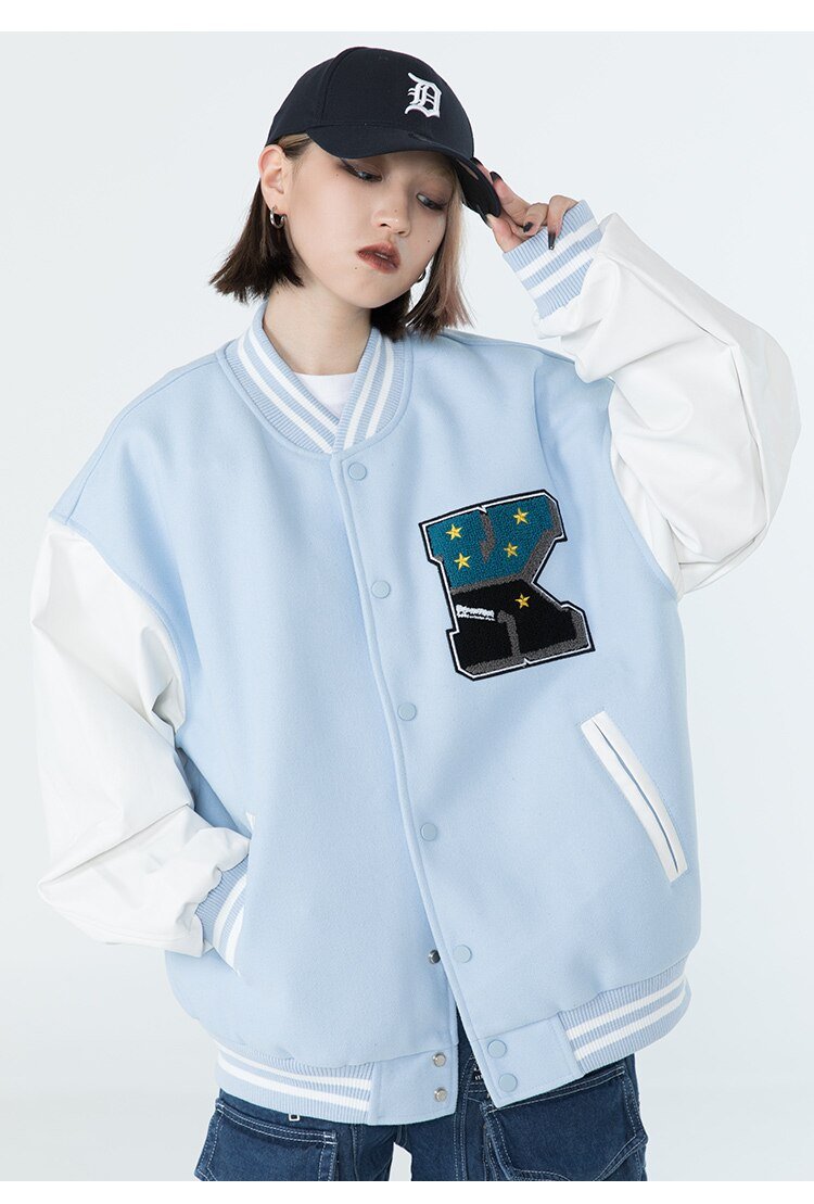 Cute Furry Bear Letter Patch Patchwork Color Baseball Jacket Men Oversize Cozy Fashion College Style Bomber Coat Autumn - Vimost Shop