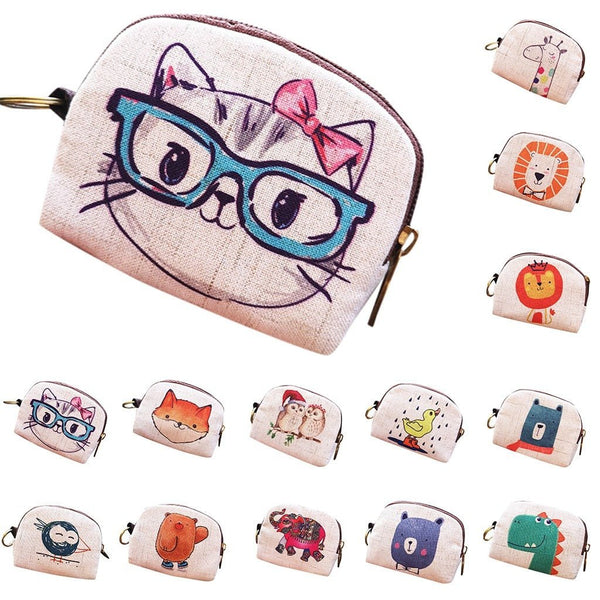 Cute Short Wallet Women Vintage Canvas Coin Purse Girl Card Holder Clutch Kids Cartoon Cat/Fox/Owl Small Change Purses - Vimost Shop