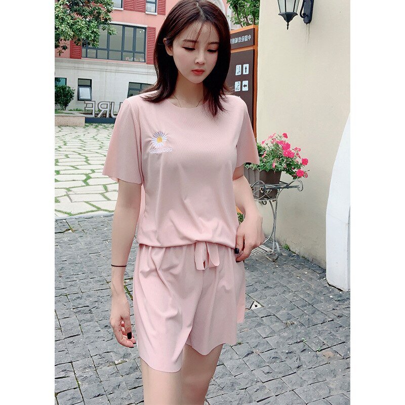 Daisy embroidery ice silk Set Outfits short-sleeved shorts loose casual home wear Two Piece Set Crop Top And Shorts 2 Piece - Vimost Shop