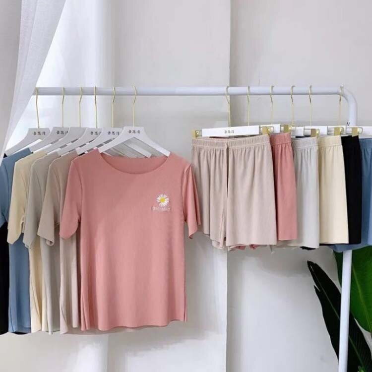 Daisy embroidery ice silk Set Outfits short-sleeved shorts loose casual home wear Two Piece Set Crop Top And Shorts 2 Piece - Vimost Shop