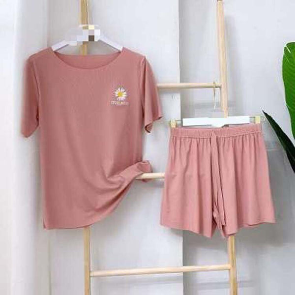 Daisy embroidery ice silk Set Outfits short-sleeved shorts loose casual home wear Two Piece Set Crop Top And Shorts 2 Piece - Vimost Shop