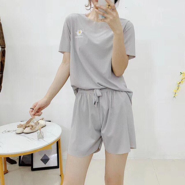 Daisy embroidery ice silk Set Outfits short-sleeved shorts loose casual home wear Two Piece Set Crop Top And Shorts 2 Piece - Vimost Shop