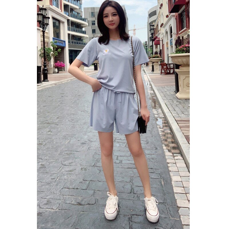 Daisy embroidery ice silk Set Outfits short-sleeved shorts loose casual home wear Two Piece Set Crop Top And Shorts 2 Piece - Vimost Shop