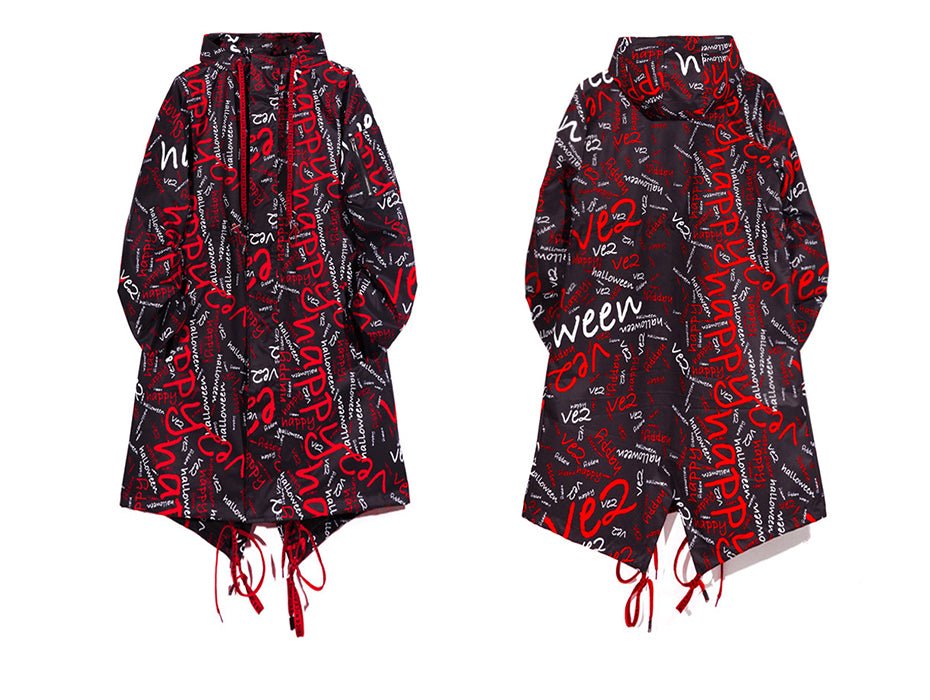 DARK Extra Long Jacket Trench Men Full Letter Print Harajuku Windbreaker Nightclub Overcoat Male Casual Outwear - Vimost Shop