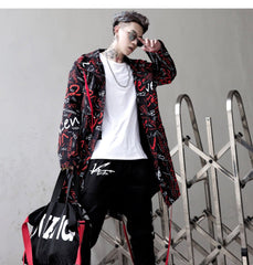 DARK Extra Long Jacket Trench Men Full Letter Print Harajuku Windbreaker Nightclub Overcoat Male Casual Outwear - Vimost Shop