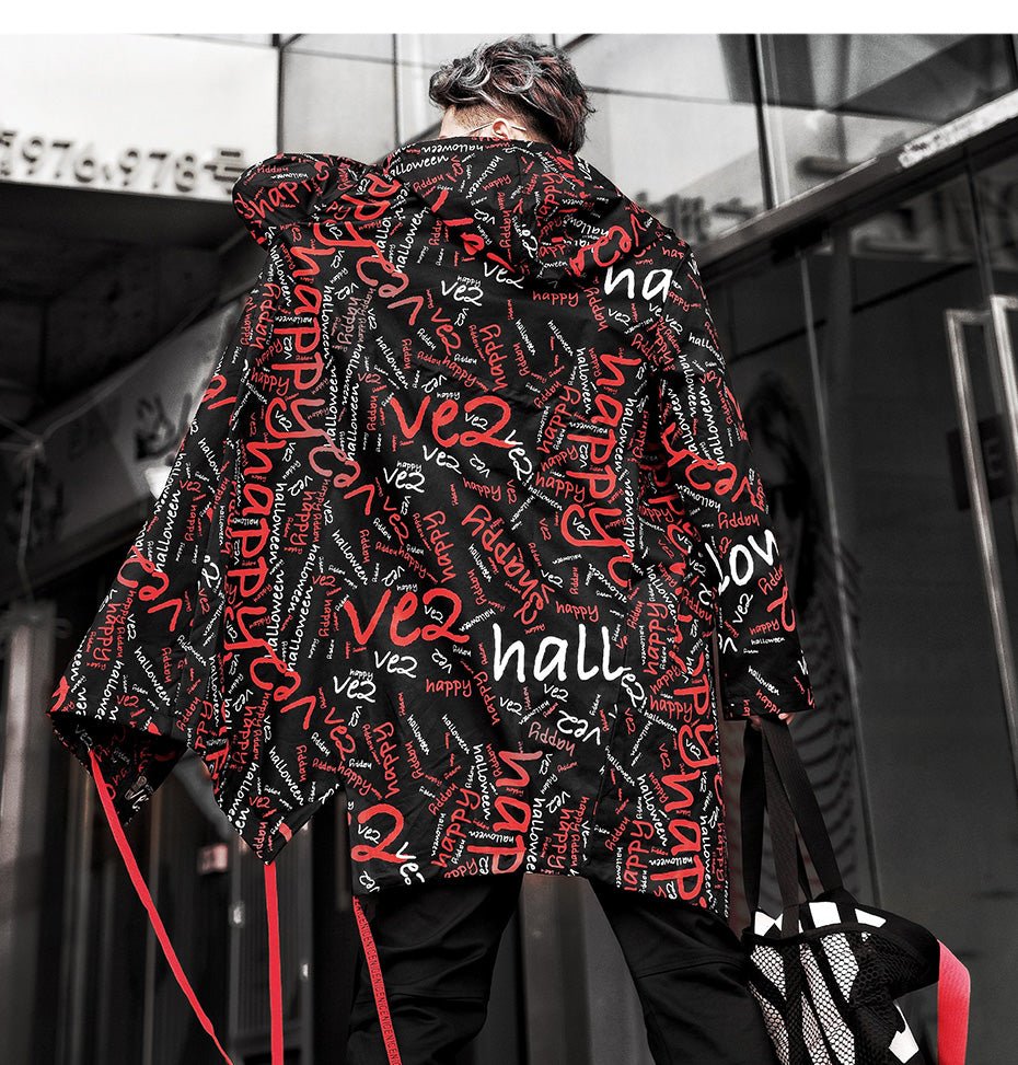 DARK Extra Long Jacket Trench Men Full Letter Print Harajuku Windbreaker Nightclub Overcoat Male Casual Outwear - Vimost Shop