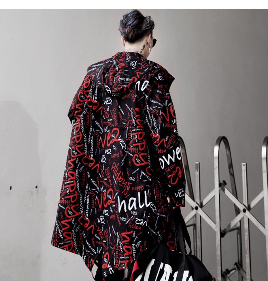 DARK Extra Long Jacket Trench Men Full Letter Print Harajuku Windbreaker Nightclub Overcoat Male Casual Outwear - Vimost Shop