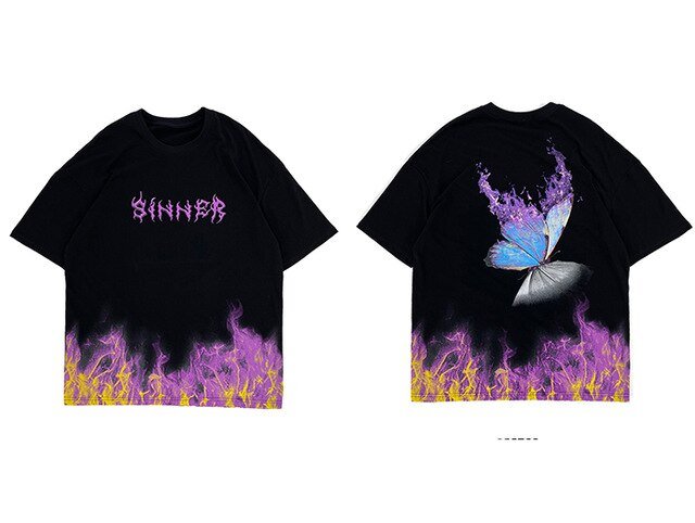 DARK Flame Butterfly Oversize T Shirt Cotton Punk Rock Streetwear Hip Hop T Shirt Men Harajuku Short Sleeve Tees - Vimost Shop