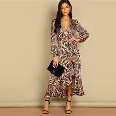 Deep V Neck Shawl Collar Surplice Wrap Flounce Animal Zebra Belted Fit and Flare Mid Waist Dress Women Autumn Dress - Vimost Shop