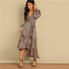 Deep V Neck Shawl Collar Surplice Wrap Flounce Animal Zebra Belted Fit and Flare Mid Waist Dress Women Autumn Dress - Vimost Shop