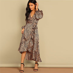 Deep V Neck Shawl Collar Surplice Wrap Flounce Animal Zebra Belted Fit and Flare Mid Waist Dress Women Autumn Dress - Vimost Shop