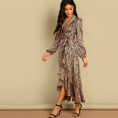 Deep V Neck Shawl Collar Surplice Wrap Flounce Animal Zebra Belted Fit and Flare Mid Waist Dress Women Autumn Dress - Vimost Shop