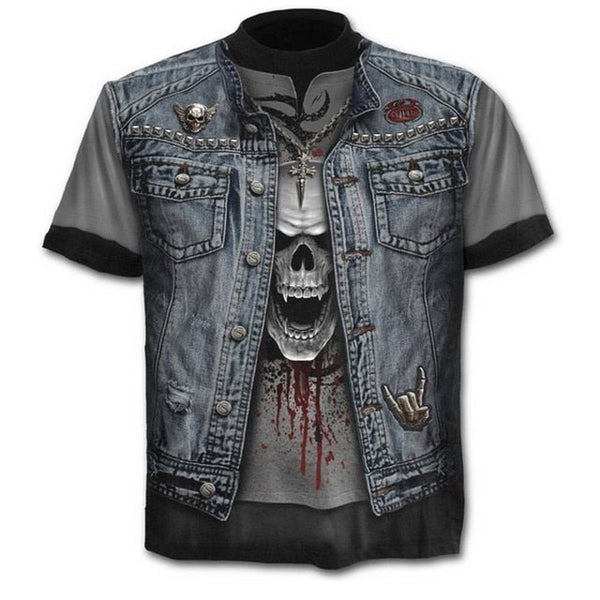 Denim effect men's T-shirt funny skull short sleeve 3D round neck top horror skull demon shirt - Vimost Shop