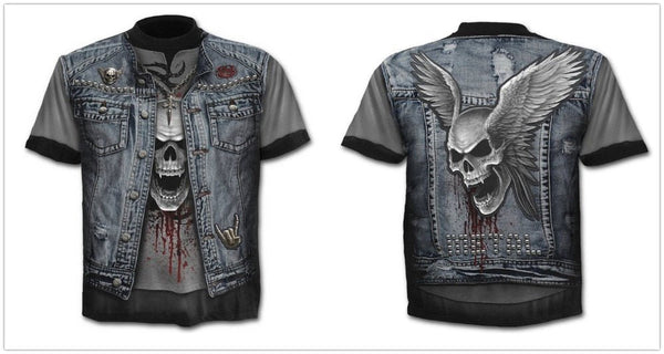 Denim effect men's T-shirt funny skull short sleeve 3D round neck top horror skull demon shirt - Vimost Shop