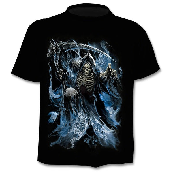 Denim effect men's T-shirt funny skull short sleeve 3D round neck top horror skull demon shirt - Vimost Shop