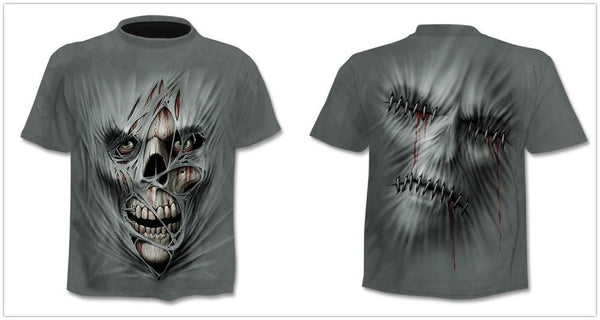 Denim effect men's T-shirt funny skull short sleeve 3D round neck top horror skull demon shirt - Vimost Shop