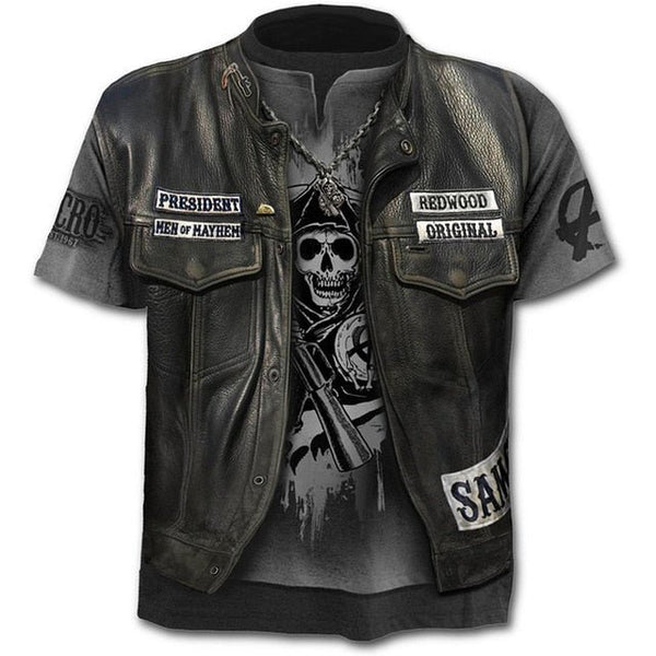 Denim effect men's T-shirt funny skull short sleeve 3D round neck top horror skull demon shirt - Vimost Shop