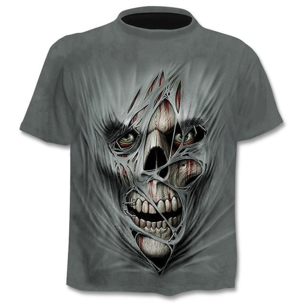 Denim effect men's T-shirt funny skull short sleeve 3D round neck top horror skull demon shirt - Vimost Shop