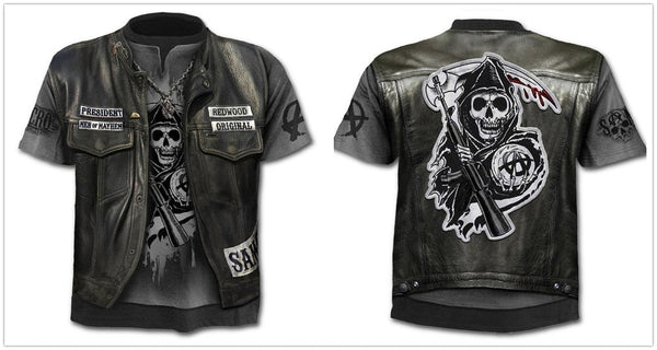 Denim effect men's T-shirt funny skull short sleeve 3D round neck top horror skull demon shirt - Vimost Shop