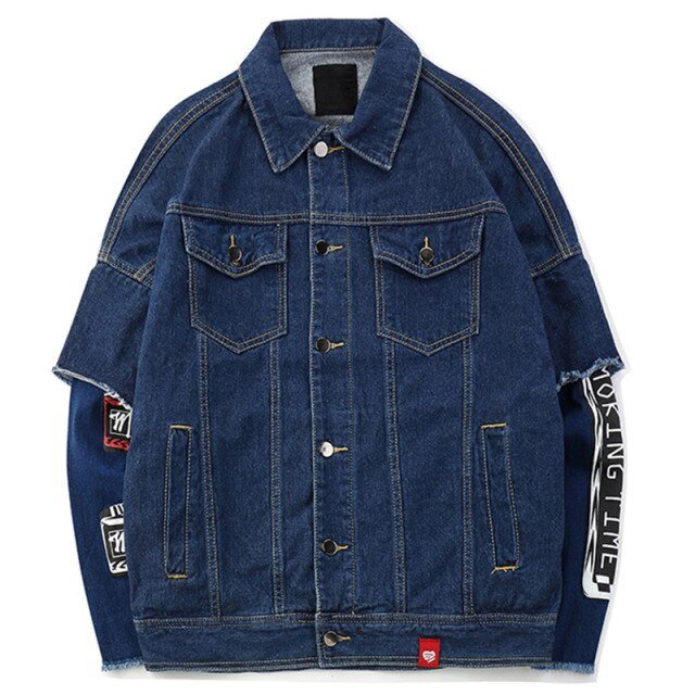 Denim Jacket Men Patch sleeve Punk Letter Turn-down Collar Cowboy Outwear Couple Baggy Hip Hop Hipster Jean Coat Autumn - Vimost Shop