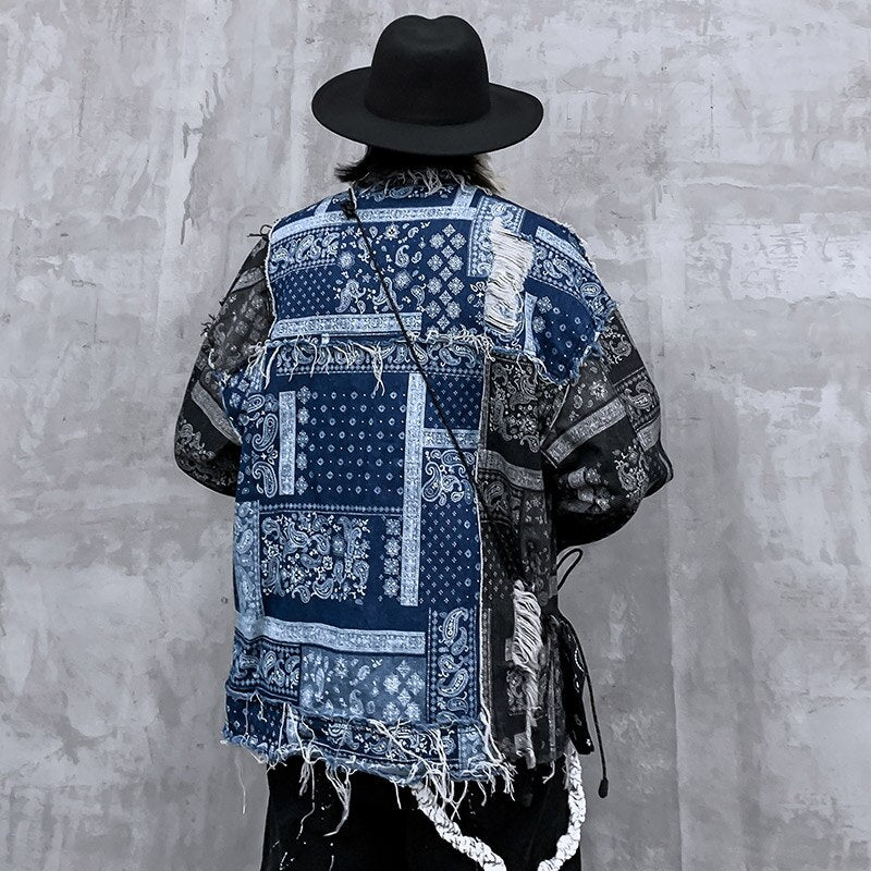 Denim Jacket Men Patch Vintage Totems Turn-down Collar Cowboy Outwear Couple Punk Cool Harajuku Loose Jean Coats Autumn - Vimost Shop