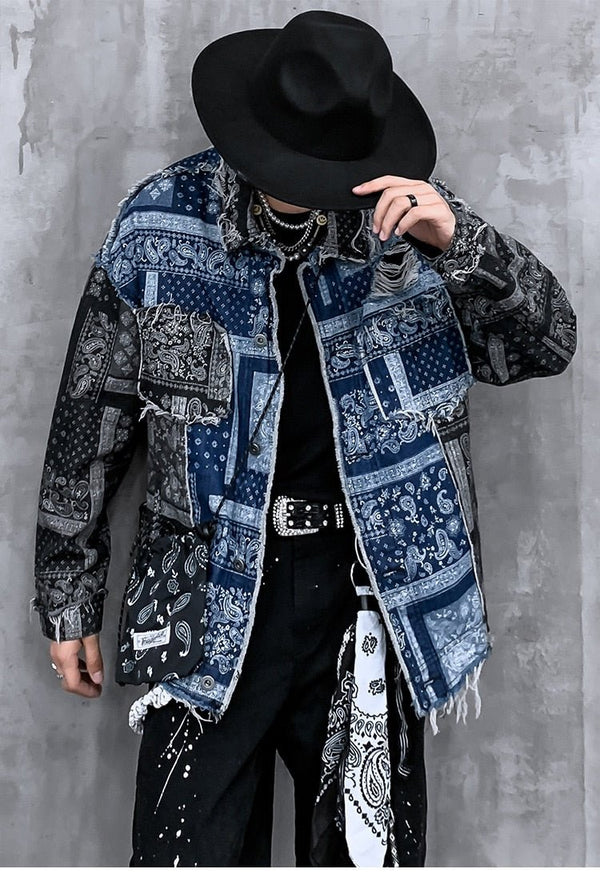 Denim Jacket Men Patch Vintage Totems Turn-down Collar Cowboy Outwear Couple Punk Cool Harajuku Loose Jean Coats Autumn - Vimost Shop