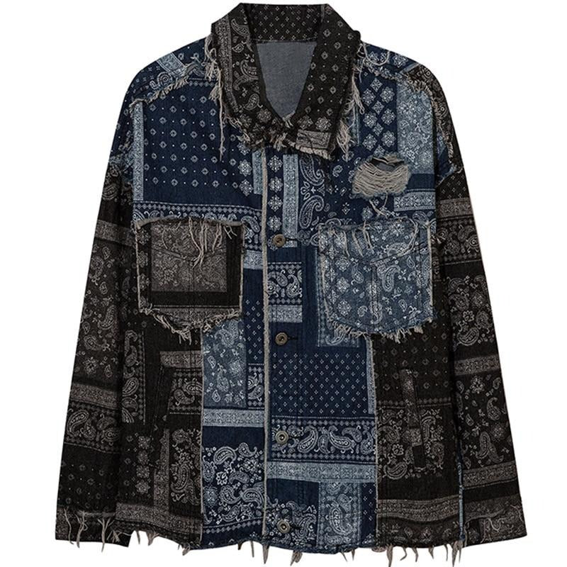 Denim Jacket Men Patch Vintage Totems Turn-down Collar Cowboy Outwear Couple Punk Cool Harajuku Loose Jean Coats Autumn - Vimost Shop