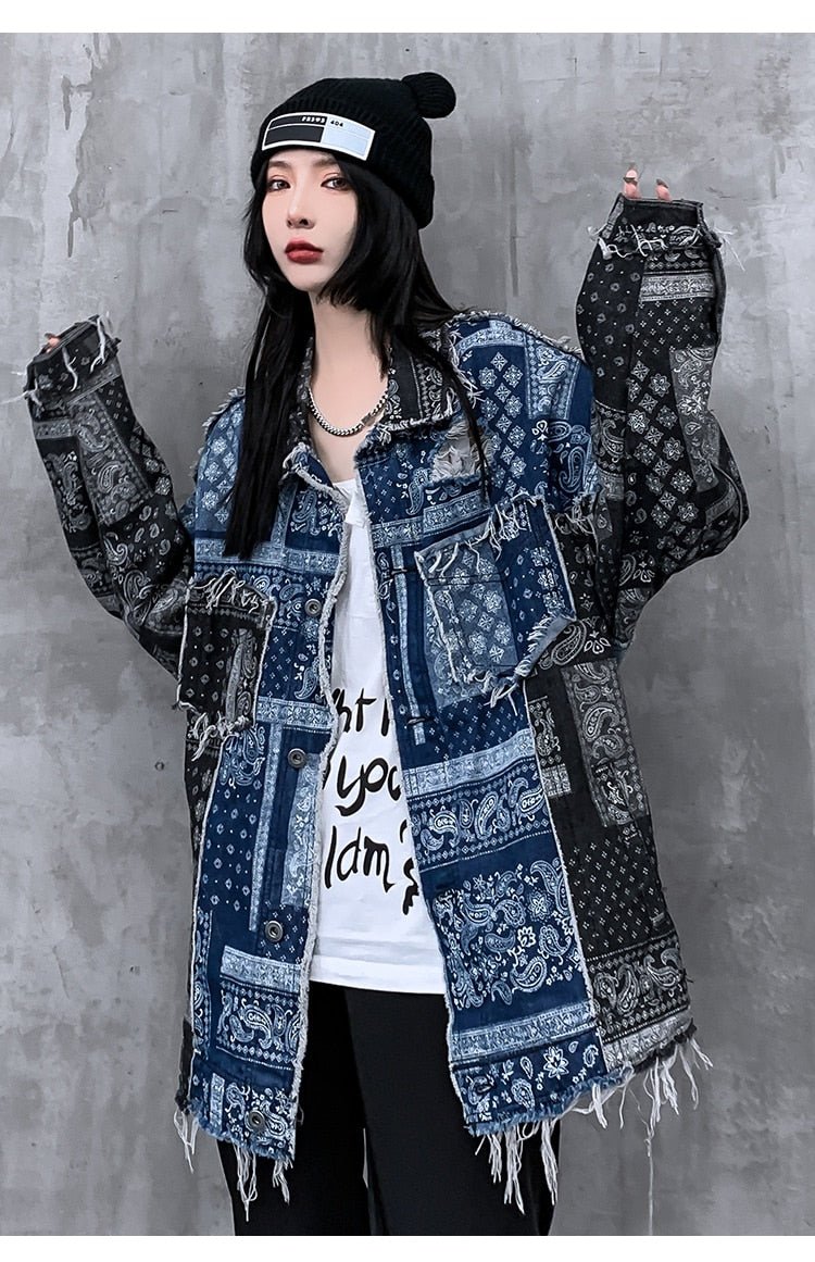Denim Jacket Men Patch Vintage Totems Turn-down Collar Cowboy Outwear Couple Punk Cool Harajuku Loose Jean Coats Autumn - Vimost Shop