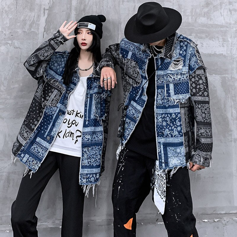 Denim Jacket Men Patch Vintage Totems Turn-down Collar Cowboy Outwear Couple Punk Cool Harajuku Loose Jean Coats Autumn - Vimost Shop