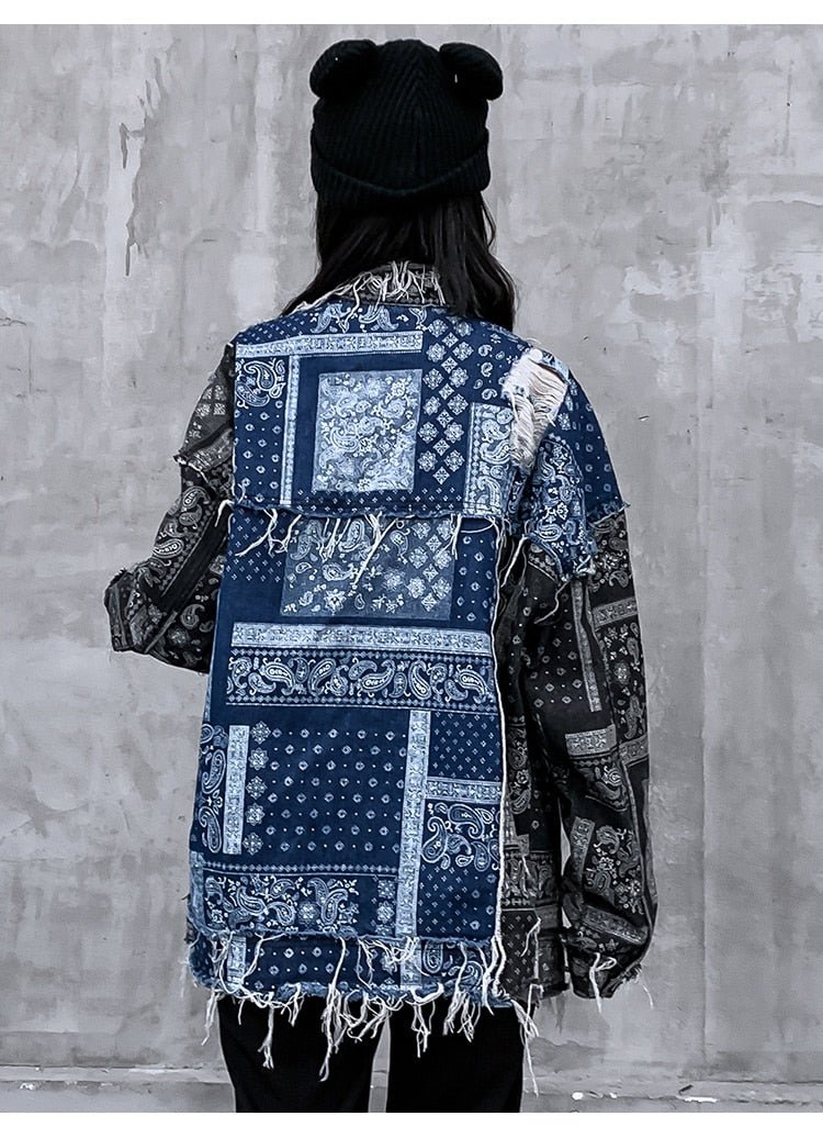 Denim Jacket Men Patch Vintage Totems Turn-down Collar Cowboy Outwear Couple Punk Cool Harajuku Loose Jean Coats Autumn - Vimost Shop