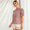 Ditsy Floral Frill Neck Puff Sleeve Top Keyhole Back Blouse - Vimost Shop
