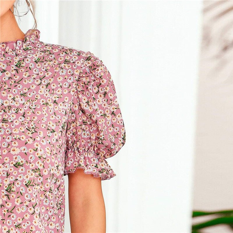 Ditsy Floral Frill Neck Puff Sleeve Top Keyhole Back Blouse - Vimost Shop