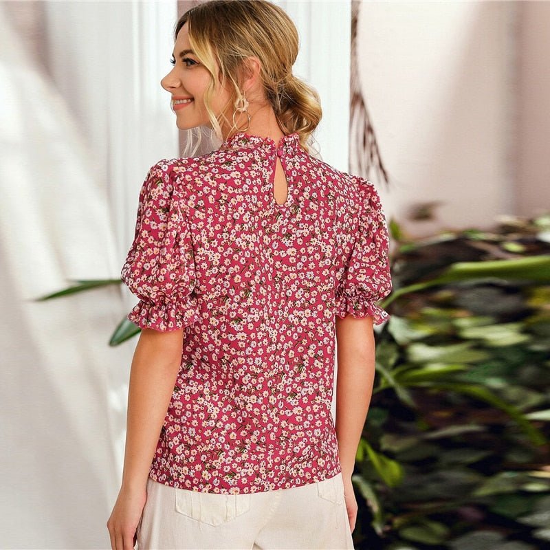Ditsy Floral Frill Neck Puff Sleeve Top Keyhole Back Blouse - Vimost Shop