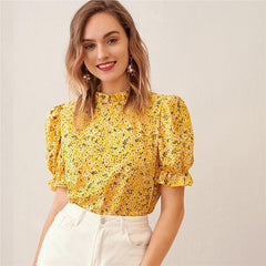 Ditsy Floral Frill Neck Puff Sleeve Top Keyhole Back Blouse - Vimost Shop