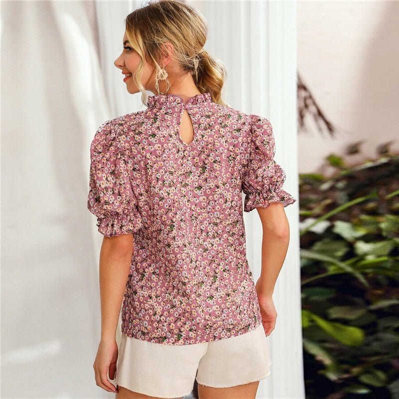 Ditsy Floral Frill Neck Puff Sleeve Top Keyhole Back Blouse - Vimost Shop