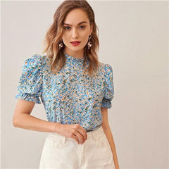 Ditsy Floral Frill Neck Puff Sleeve Top Keyhole Back Blouse - Vimost Shop