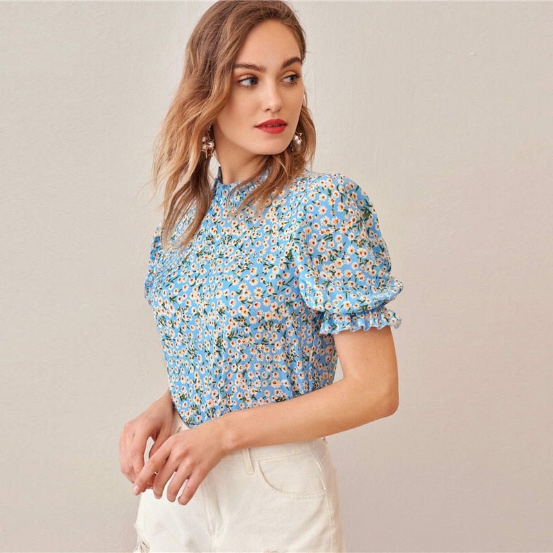 Ditsy Floral Frill Neck Puff Sleeve Top Keyhole Back Blouse - Vimost Shop