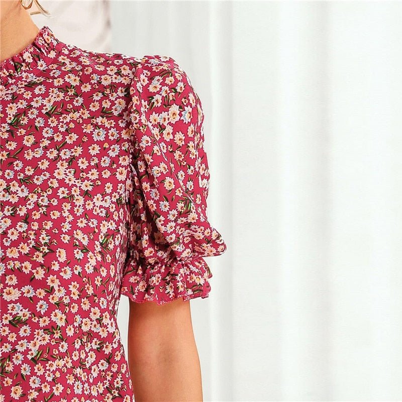 Ditsy Floral Frill Neck Puff Sleeve Top Keyhole Back Blouse - Vimost Shop