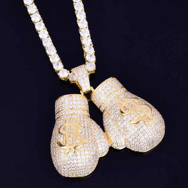Dollor Symbol Boxing Gloves Pendant Necklace With 4mm Tennis Chain AAA Cubic Zircon Men's Women Hip hop Rock Jewelry - Vimost Shop