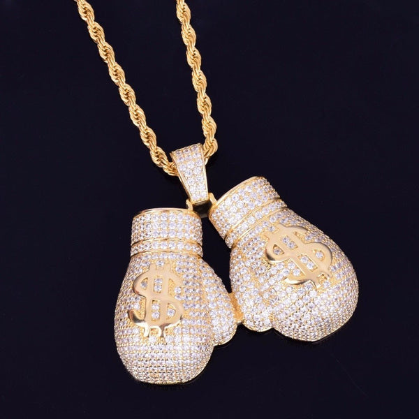 Dollor Symbol Boxing Gloves Pendant Necklace With 4mm Tennis Chain AAA Cubic Zircon Men's Women Hip hop Rock Jewelry - Vimost Shop
